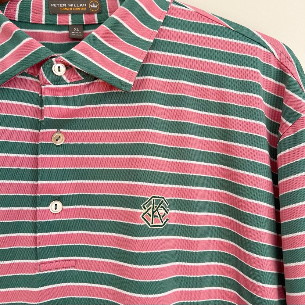 Peter Millar Summer Comfort Polo Shirt XL Pink Green Short Sleeve Striped Golf